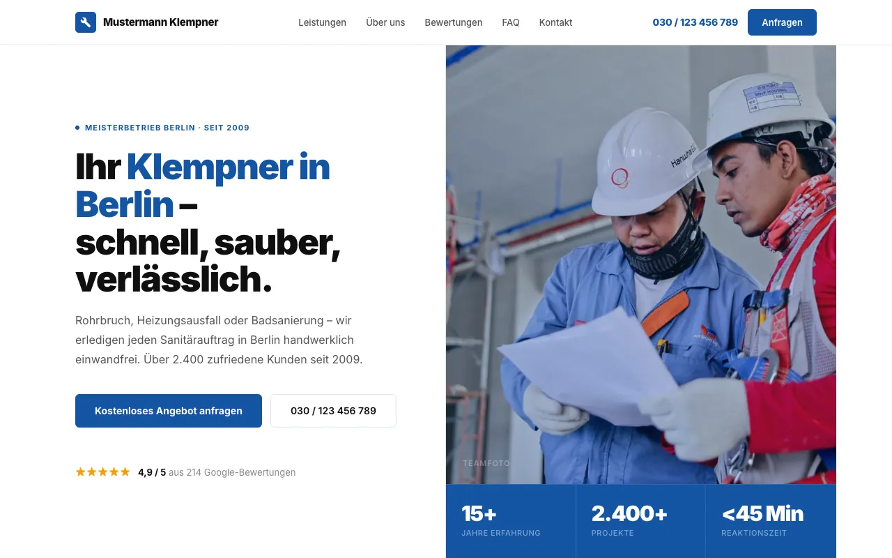 Muster-Website für einen Klempnerbetrieb